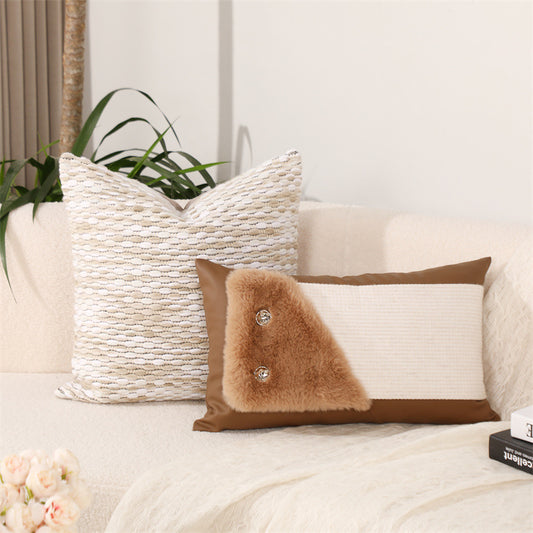 Milky Cotton and Linen Splicing Sofa Pillow Cover with Plush